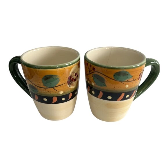 Corsica Home Brigette Handcrafted Stoneware Mugs Set of 2 • Floral Folk Art Patt - Picture 2 of 6